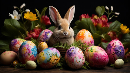 Fototapeta na wymiar Cute rabbit and Easter eggs on a dark background. Happy Easter day concept and idea.Generative AI