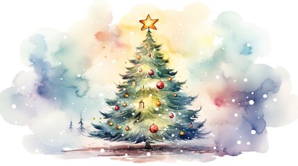  a watercolor painting of a christmas tree with a star on top and a clock on the top of it.  generative ai