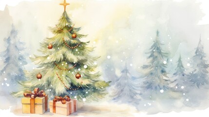  a watercolor painting of a christmas tree with presents in front of it and a star on top of it.  generative ai