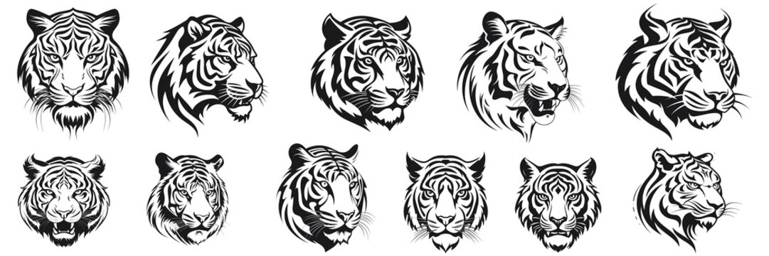 Black tiger illustration. Set tiger silhouette. Minimalist and Flat Logo. Isolated vector image, head tiger logo vector, animal theme, wildlife logo.