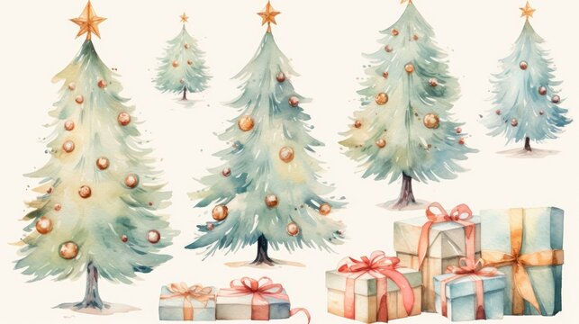  a watercolor painting of christmas trees with presents in front of them and a star on the top of the tree.  generative ai