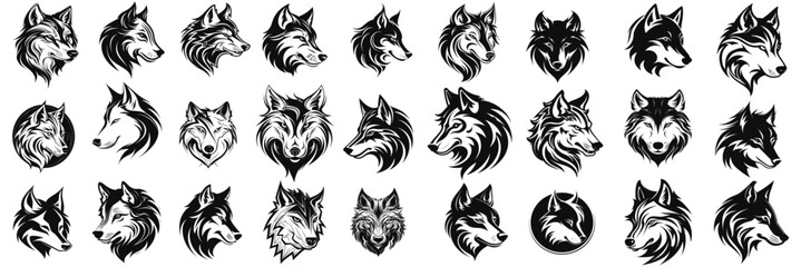 Black wolf illustration. set Wolf silhouette. Minimalist and Flat Logo. Isolated vector image, head wolf logo vector, animal theme, wildlife logo. - obrazy, fototapety, plakaty