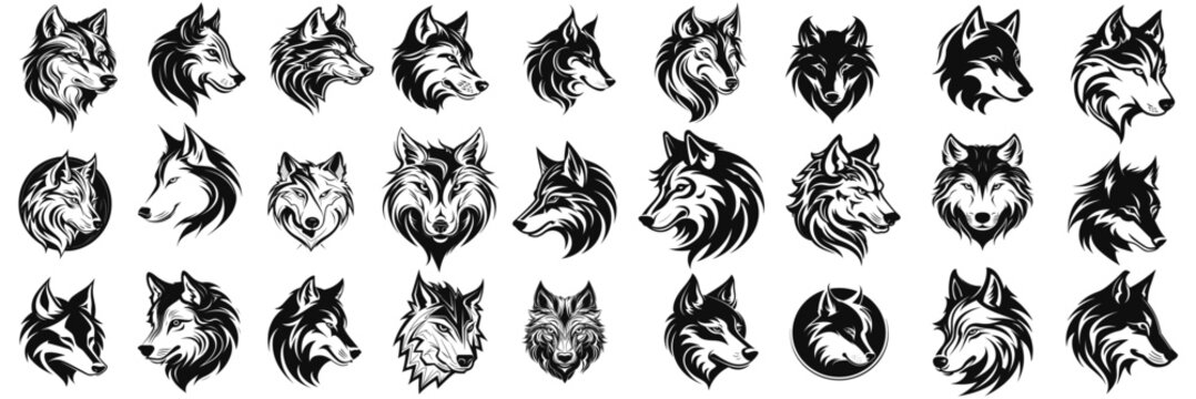 Black wolf illustration. set Wolf silhouette. Minimalist and Flat Logo. Isolated vector image, head wolf logo vector, animal theme, wildlife logo.