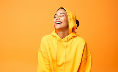 African american female model, posing, orange clothing, Brazilian deep wave hair, unsplash, peach background