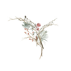 Watercolor floral bouquet. Hand painted arrangement of winter leaves, green fir tree branches, christmas red berries. Botanical winter flora of forest greenery for card design, print.