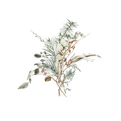 Watercolor floral bouquet. Hand painted arrangement of winter leaves, green fir tree branches, christmas red berries. Botanical winter flora of forest greenery for card design, print.
