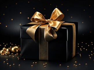 Black holiday gift box with gold bow and gold glitter confetti on black background