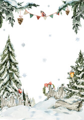 Watercolor nursery frame. Hand painted christmas card of woodland border with baby animals in wild, forest winter landscape, fir tree. illustration for baby shower design, kids print, wall art