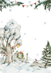 Watercolor nursery frame. Hand painted christmas card of woodland border with baby animals in wild, forest winter landscape, fir tree. illustration for baby shower design, kids print, wall art