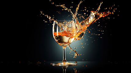 Glass of splashing champagne on black background. Christmas and New Year celebration concept