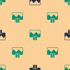 Green and black Music wave equalizer icon isolated seamless pattern on beige background. Sound wave. Audio digital equalizer technology, console panel, pulse musical. Vector