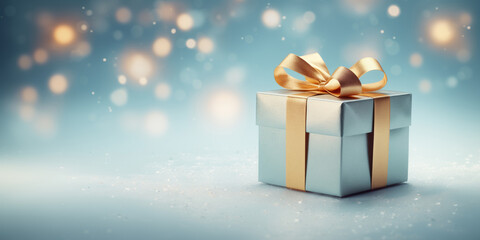 Gold colored gift box wrapped in a shiny ribbon, on a festive glittering blue background with copy...