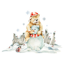 Watercolor nursery composition. Hand painted christmas woodland of baby animals in wild, forest winter scene, snow, fir tree, bear. illustration for baby shower, kids print, wall art, christmas card