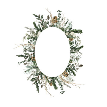 Watercolor floral frame. Hand painted border of winter leaves, green fir tree branches, christmas red berries. Seamless botanical border of forest greenery for card design, print.