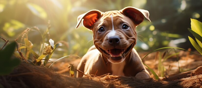 In the beautiful outdoor surroundings of nature a young happy and cute brown Pitbull found a new home as a pet Despite the initial perception of being dangerous this poor and neglected anima