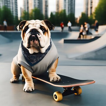 A bulldog skateboarder in a city skate park