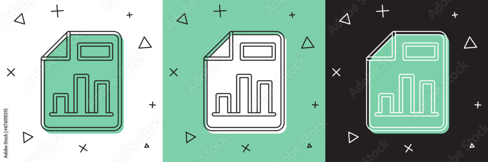 Poster set document with graph chart icon isolated on white and green, black background. report text file i