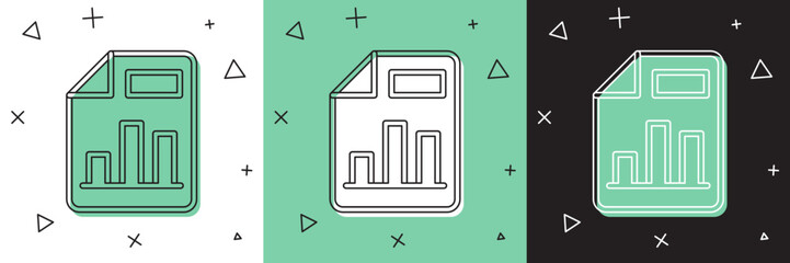 Set Document with graph chart icon isolated on white and green, black background. Report text file icon. Accounting sign. Audit, analysis, planning. Vector