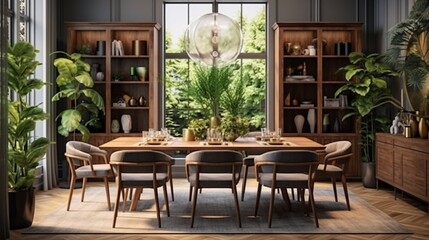 Fototapeta na wymiar Stylish and botany interior of dining room with design craft wooden table, chairs, a lof of plants, big window, poster map and elegant accessories in modern home decor. Template