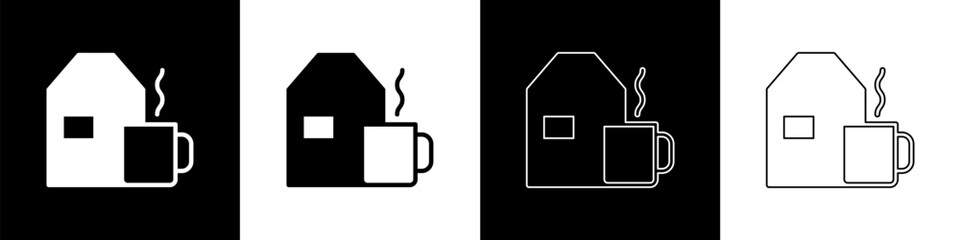 Set Cup of tea with milk icon isolated on black and white background. Vector