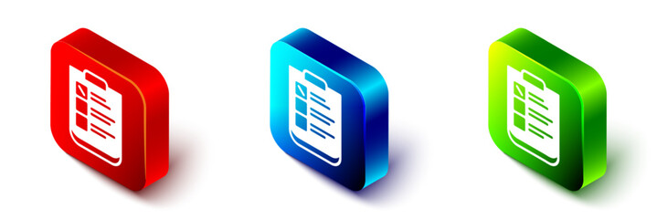 Isometric Psychological test icon isolated on white background. Red, blue and green square button. Vector