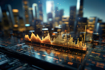 Panoramic abstract backdrop with stock market growth/down, digital financial chart graphs and indicators