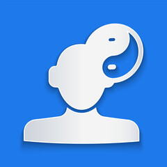 Paper cut Yin Yang symbol of harmony and balance icon isolated on blue background. Paper art style. Vector