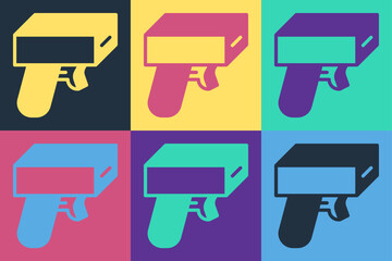 Pop art Money gun icon isolated on color background. Shoot the toy gun with money. Cash machine gun. Vector