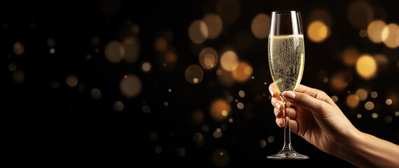 Woman holding glass of champagne on blurred bokeh background. Christmas and New Year celebration concept