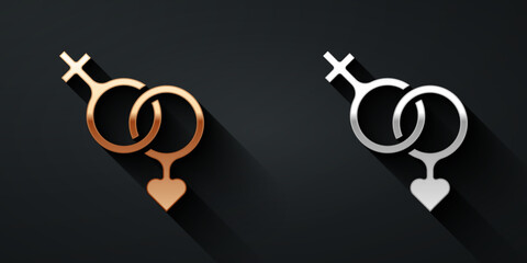 Gold and silver Gender icon isolated on black background. Symbols of men and women. Sex symbol. Happy Valentines day. Long shadow style. Vector - obrazy, fototapety, plakaty