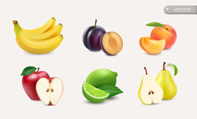 Sweet fruits. Apple and lime, banana and peach, plum and pear. 3d realistic vector objects