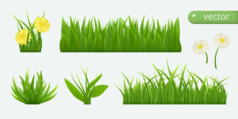 Realistic green grass. Bushes of fresh greens. Glade with plants. Yellow and white flowers. Vector illustration.