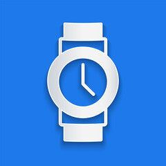 Paper cut Wrist watch icon isolated on blue background. Wristwatch icon. Paper art style. Vector