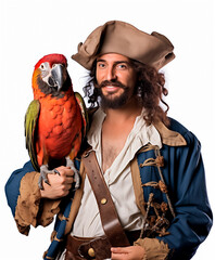 A pirate holding his parrot. Close up portrait isolated on white background.