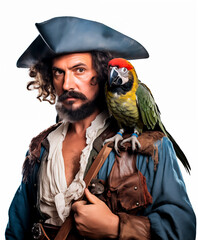 A pirate holding his parrot. Close up portrait isolated on white background.