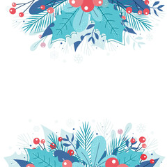 Fototapeta na wymiar Postcard banner for congratulations on Christmas and New Year on a white background with fir branches, berries, leaves and snowflakes. Flat style. Vector illustration.