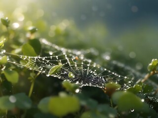 Whispers of Spooky Gossamer Reflects the ethereal beauty of a fine spider silk strand in macro detail by AI
