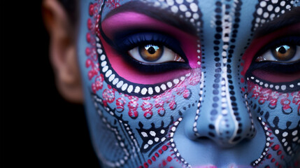 Portrait of a woman with expressive blue and pink makeup. Circus or carnival performer. Mardi Gras.