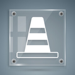 White Traffic cone icon isolated on grey background. Square glass panels. Vector
