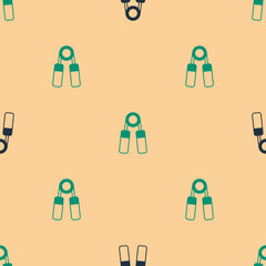 Green and black Sport expander icon isolated seamless pattern on beige background. Sport equipment. Vector