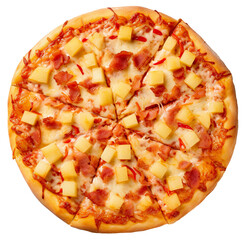 Hawaiian style pizza with pineapples and bacon on a transparent background viewed from above
