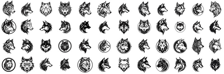Black wolf illustration. set Wolf silhouette. Minimalist and Flat Logo. Isolated vector image, head wolf logo vector, animal theme, wildlife logo. - obrazy, fototapety, plakaty
