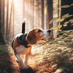 A beagle sniffing out a trail during a walk in the woods