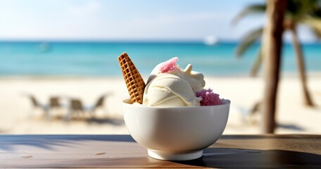 Fototapeta na wymiar Relishing Ice Cream with a View of Tropical Serenity. Generative AI