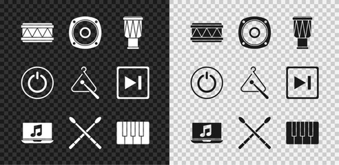 Set Drum, Stereo speaker, Laptop with music note, sticks, Music synthesizer, Power button and Triangle musical instrument icon. Vector