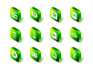 Set Screen tv with 4k, Hollywood walk of fame star, movie, tape, frame, Cinema camera, Movie trophy, Play Video, ticket and VHS video cassette icon. Vector