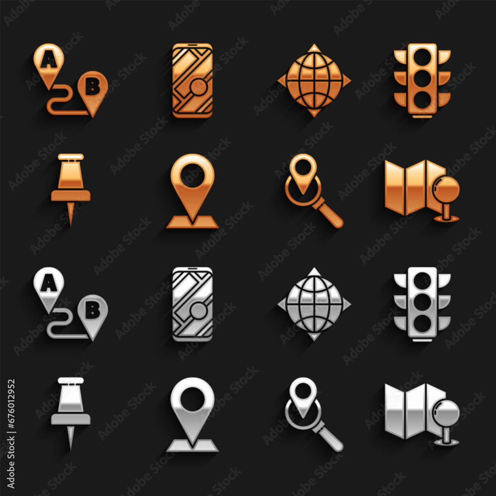 Sticker set location, traffic light, folded map with push pin, search location, push, world globe compass, r