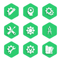 Set Gear and arrows as workflow, Wrench spanner gear, Graphing paper pencil, Drawing compass, Screwdriver wrench, and Pencil icon. Vector