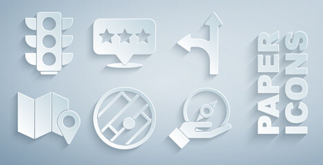 Set Folded map with location, Road traffic sign, marker, Compass, Map pointer star and Traffic light icon. Vector
