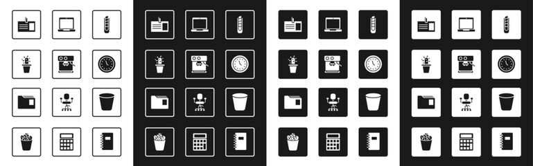 Set Stationery knife, Coffee machine, Cactus and succulent pot, Identification badge, Clock, Laptop, Trash can and Document folder icon. Vector